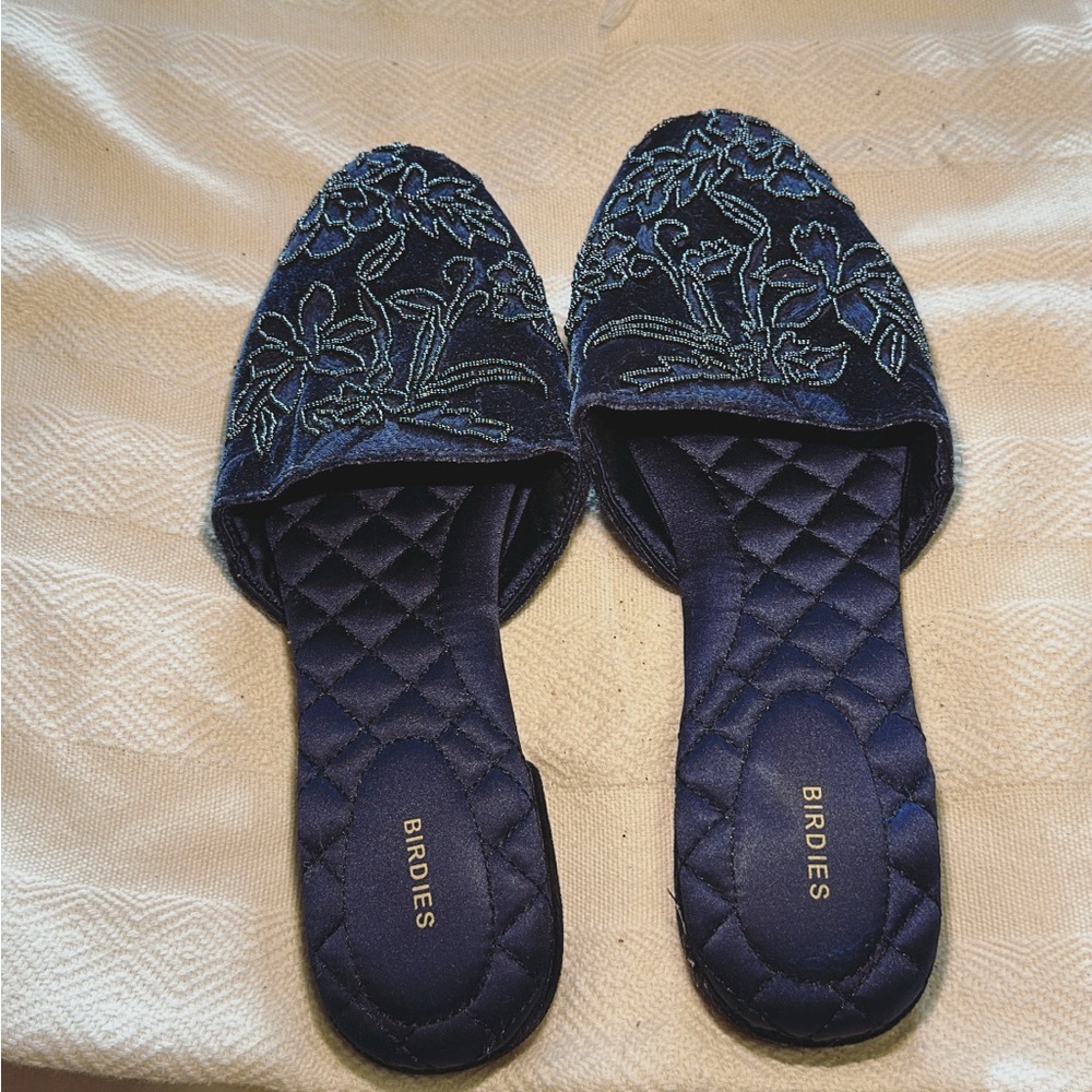 Birdies Navy Blue Floral Beaded Embroidered Mule Slides Size 7